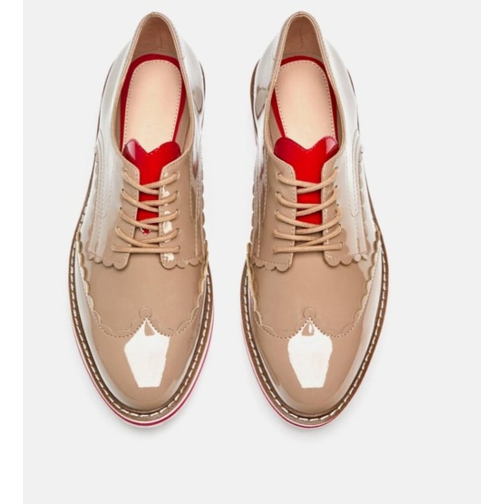 NWT ZARA Nude Faux PAtent Leather Heart Valentine Motif Oxford Platform Shoes 36
